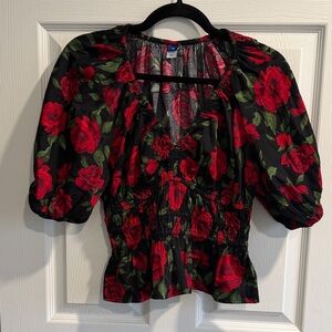 Old Navy Black Blouse with Red Floral Design